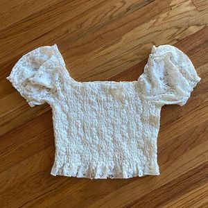 COPY - Cream smocked puff sleeve lace crop top